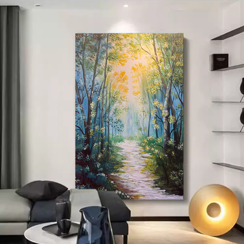 MHD手绘油画绿色森林小路现代风景客厅装饰画玄关背景抽象肌理画