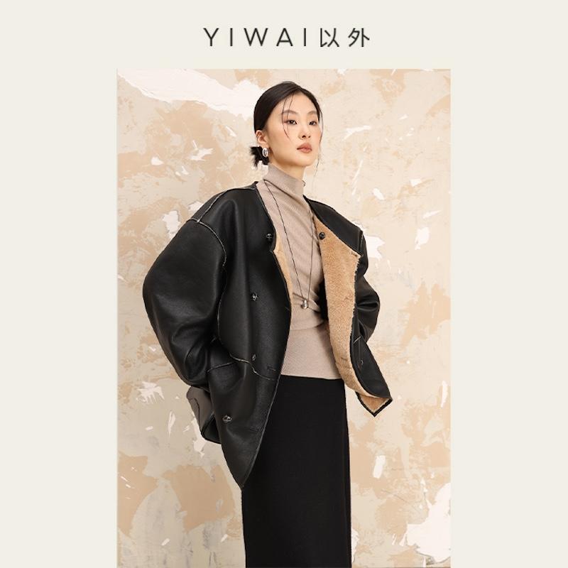 YIWAI以外 「棕」气质双面穿皮草一体仿羊羔毛皮草外套2024秋冬女