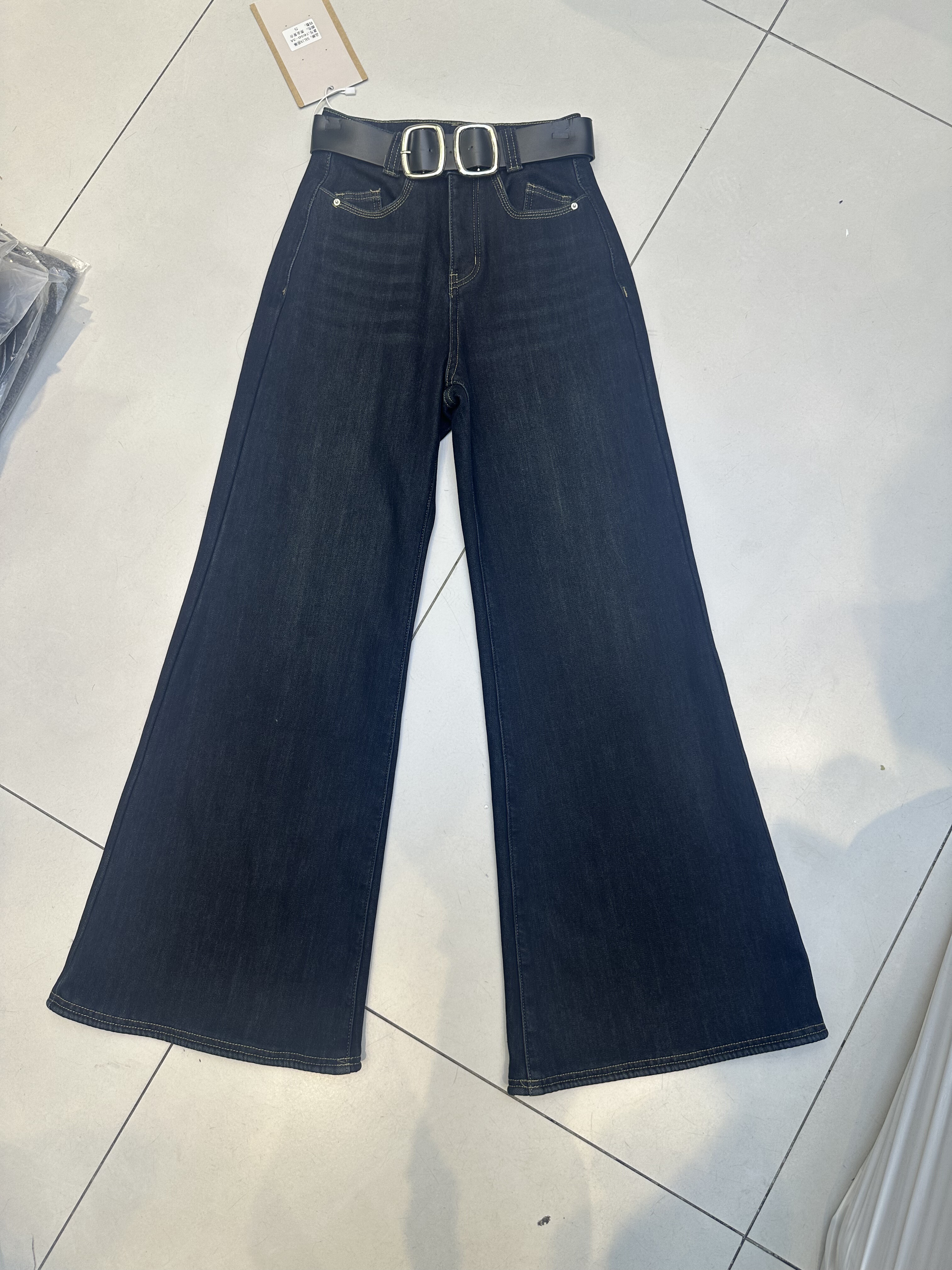 SALIN莎琳7650-3A冬季新高腰显瘦弹力阔腿微喇叭牛仔裤女拖地裤