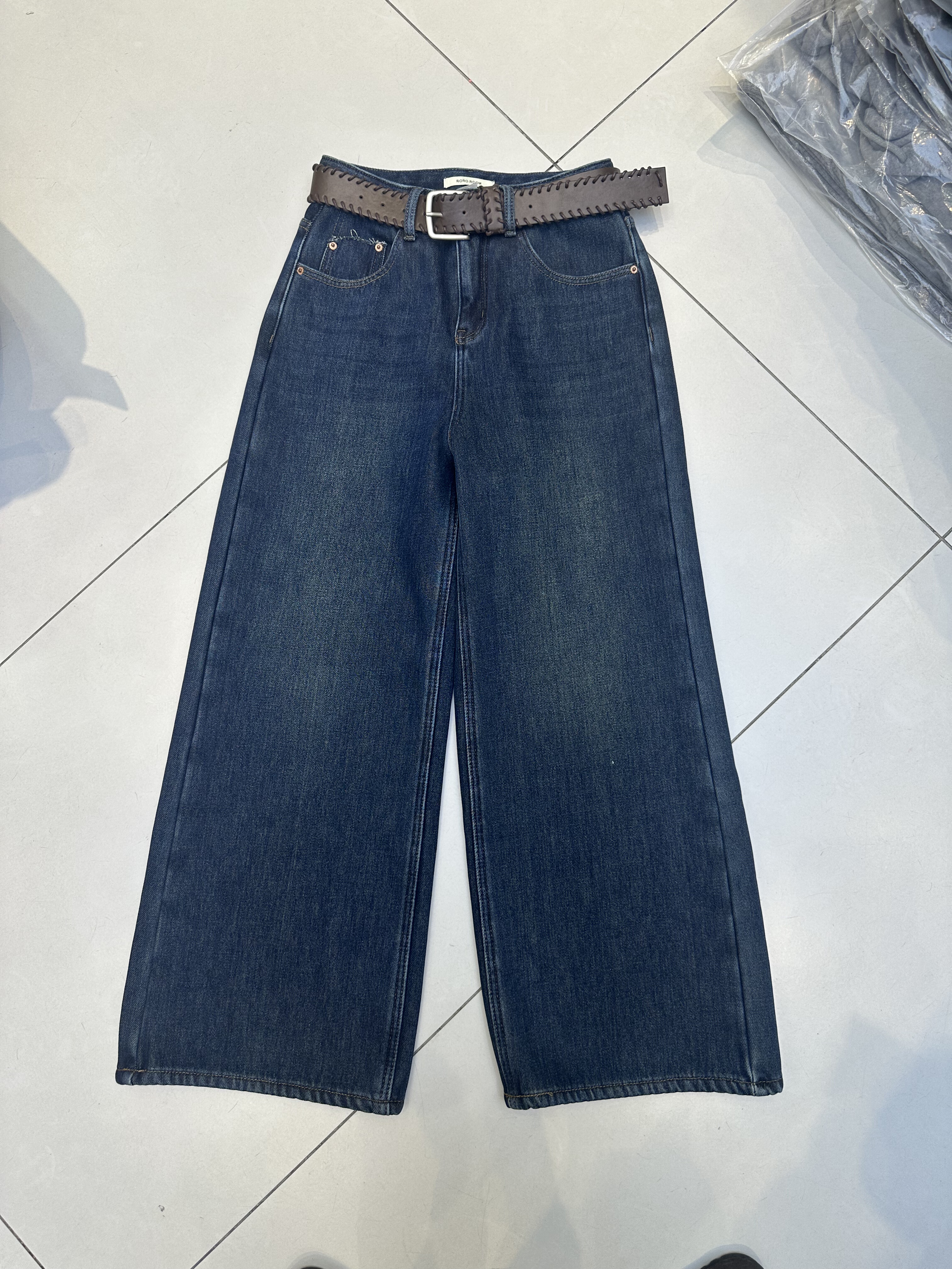 RORO.ROOM88193蓝色复合绒阔腿裤女2025冬季新百搭显瘦通勤送腰带