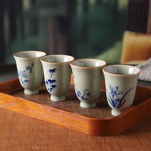 哥窑开片美人杯家用茶桌茶台品茗杯梅兰竹菊彩绘四君子茶盏 中式