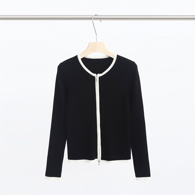 黑与白大洪官方旗舰店春新品羊毛撞色百搭拉链开衫针织衫休闲显瘦