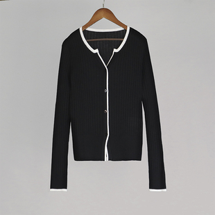 V领开衫 美拉德大洪长袖 百搭撞色边设计针织衫 式 瘦秋季