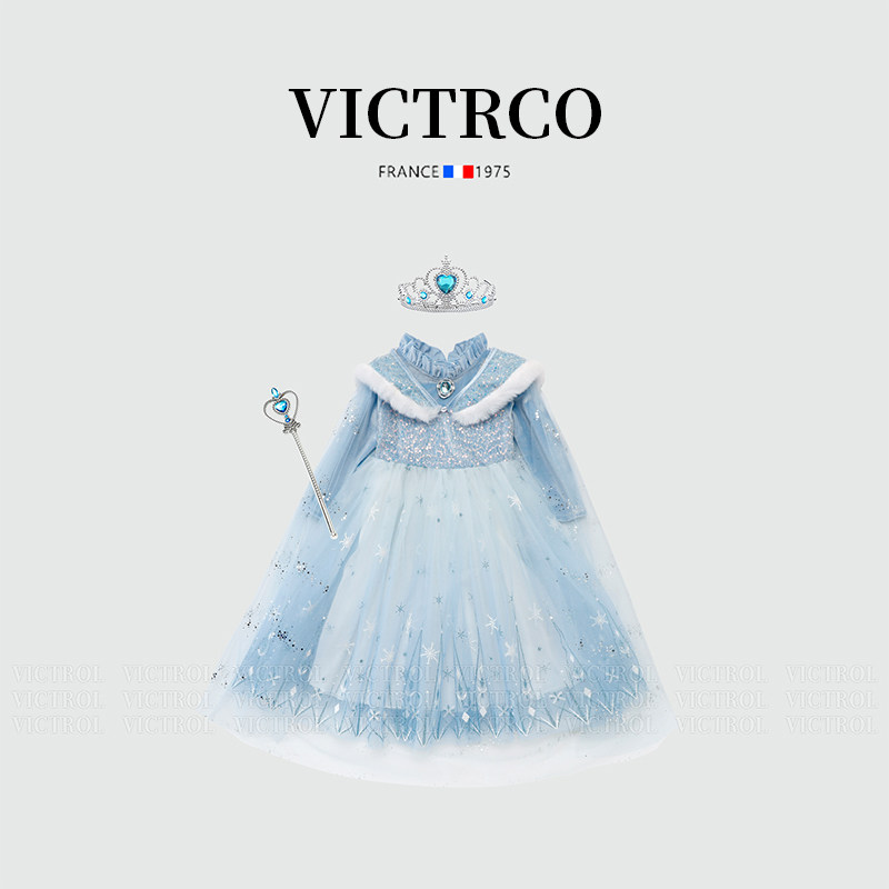 女童连衣裙秋冬加绒正版艾莎公主裙子爱莎儿童生日礼服迪士尼服装