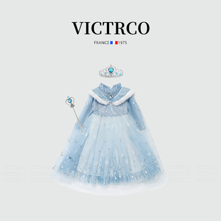 女童连衣裙秋冬加绒正版艾莎公主裙子爱莎儿童生日礼服迪士尼服装