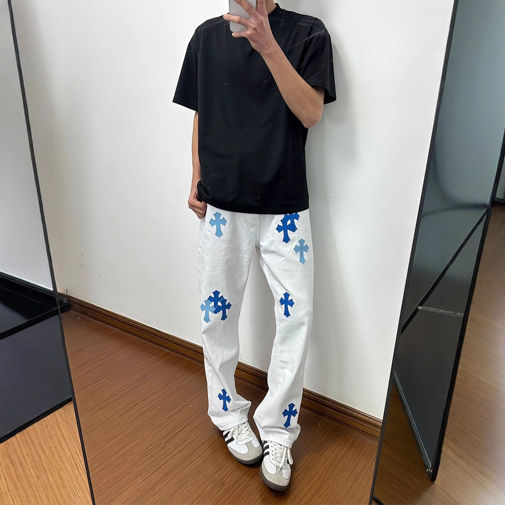 白色美式高街微喇牛仔裤男款秋潮牌十字架提档裤子窄版显瘦直筒裤