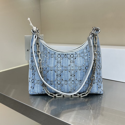 新款时尚牛仔布烫钻洋气hobo船包洋气潮流单肩斜挎包潮小众大容量