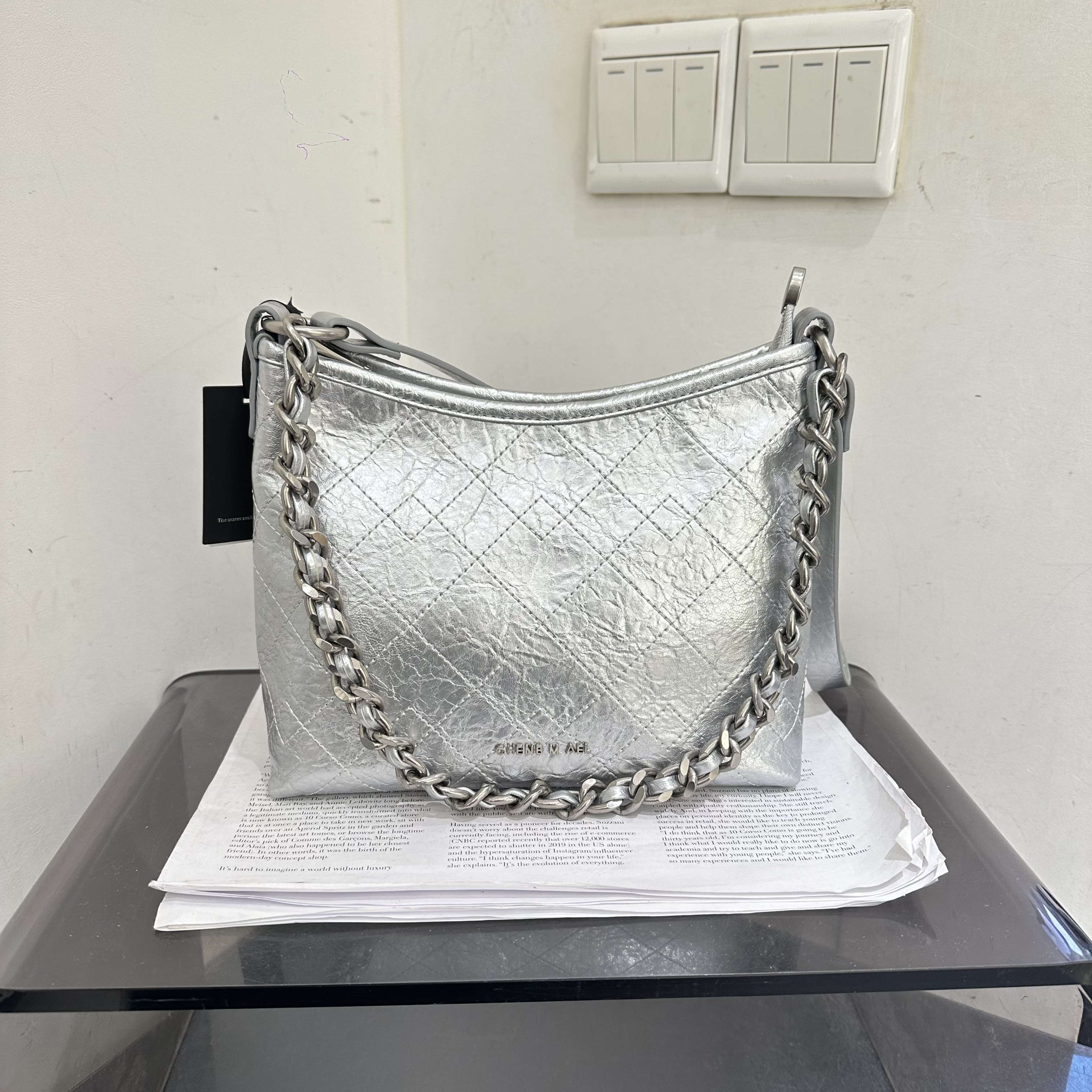 可彼娜新款复古休闲慵懒风软皮链条单肩腋下斜挎女包纯色简约菱格