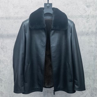 黑貂绒毛领皮衣男款真皮夹克休闲常规款加绒貂胆秋冬保暖男士翻领