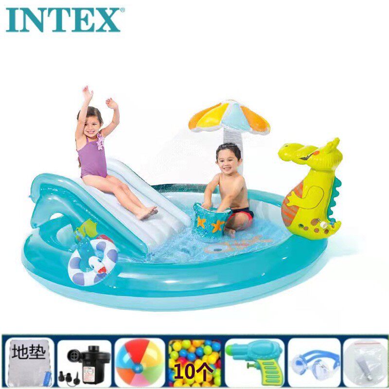 出口正品幼儿恐龙滑梯喷水泳池intex充气小鳄鱼婴儿爬行戏水球池