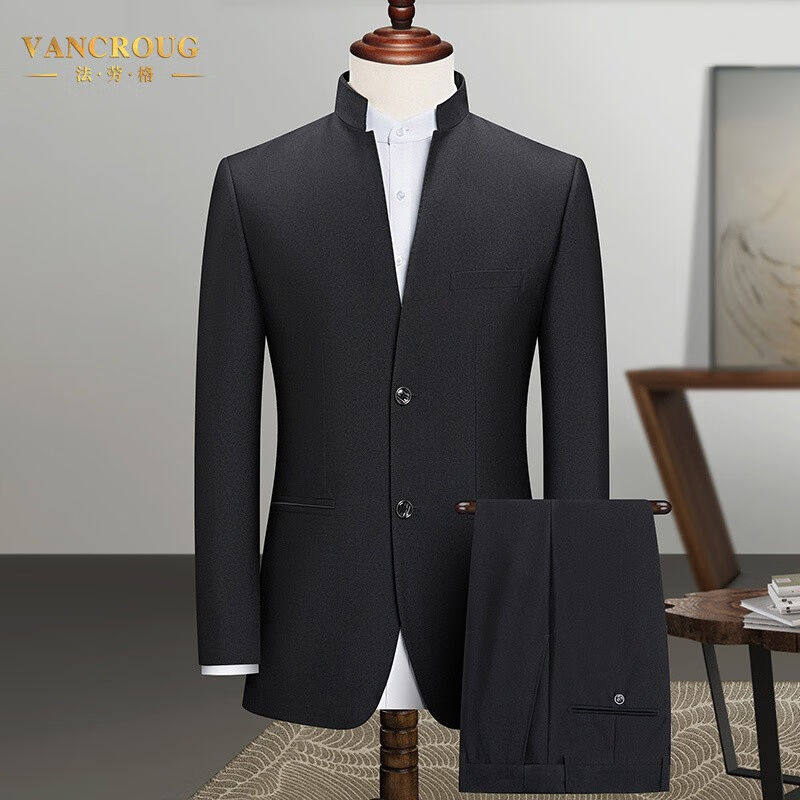 VANCROUG品牌高档中山装男士中华立领中式结婚礼服中山装青年修身