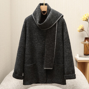 秋冬新款韩版时尚双面羊绒气质大衣短款围巾领高级感羊毛呢子外套