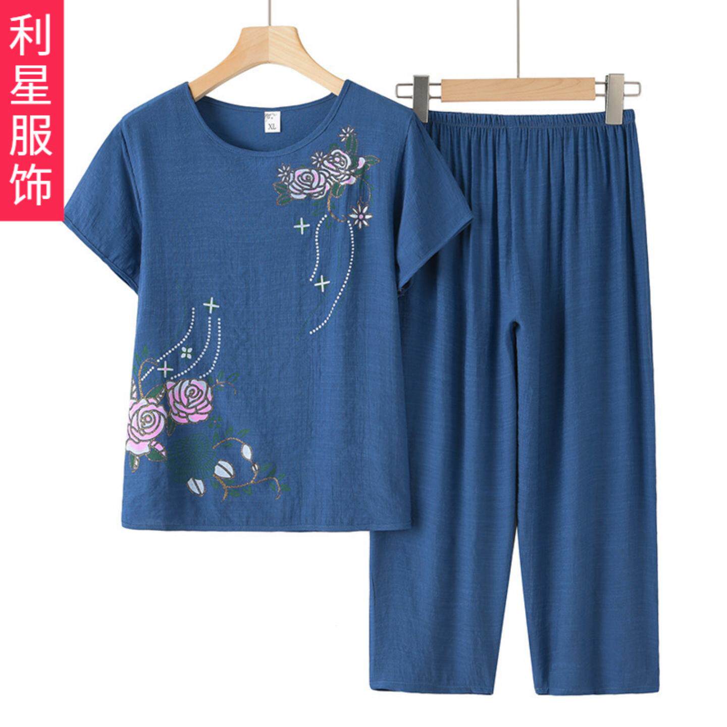妈妈装夏装印花棉麻宽松两件套