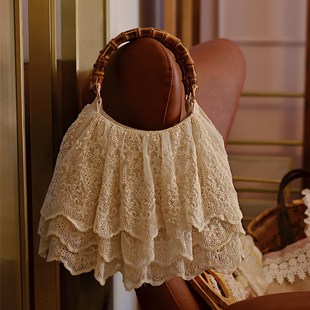 法式复古宫廷感帝政风仙女手提包重磅蕾丝精美竹柄设计森女包日系