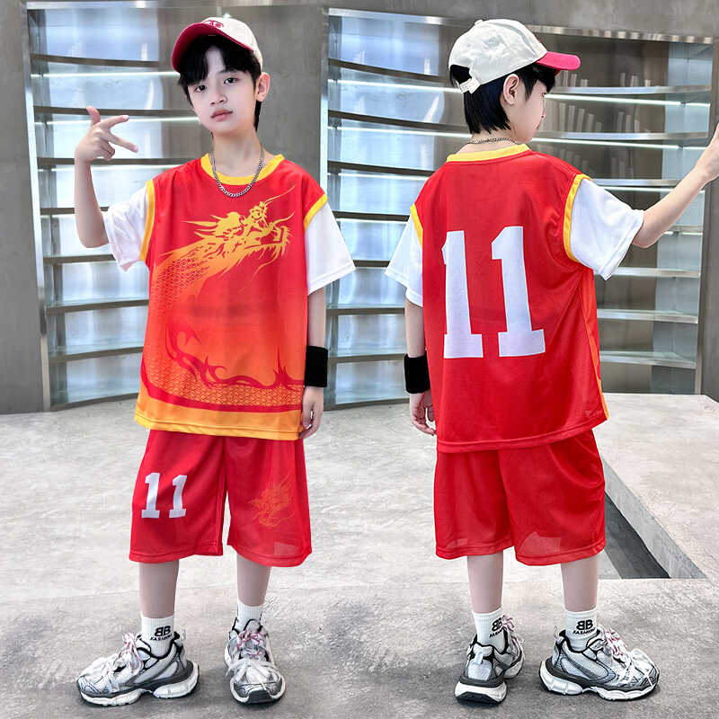 儿童篮球服训练服套装短袖幼儿园表演男童女孩小学生中国龙球衣潮