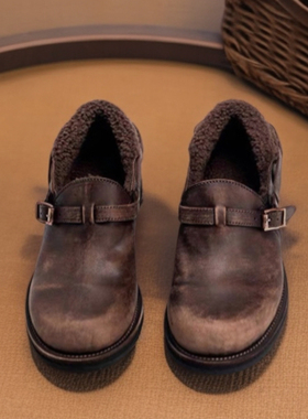 Mantova曼托瓦新款乐福鞋手工水洗马皮鞋低跟加绒一脚蹬单鞋女