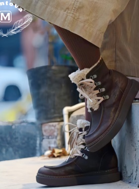 Mantova曼托瓦新款马皮系带休闲马丁靴复古百搭羊毛加绒雪地靴