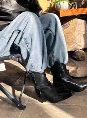 Mantova 曼托瓦高级感！新款春秋粗跟黑色尖头切尔西靴高跟短靴女