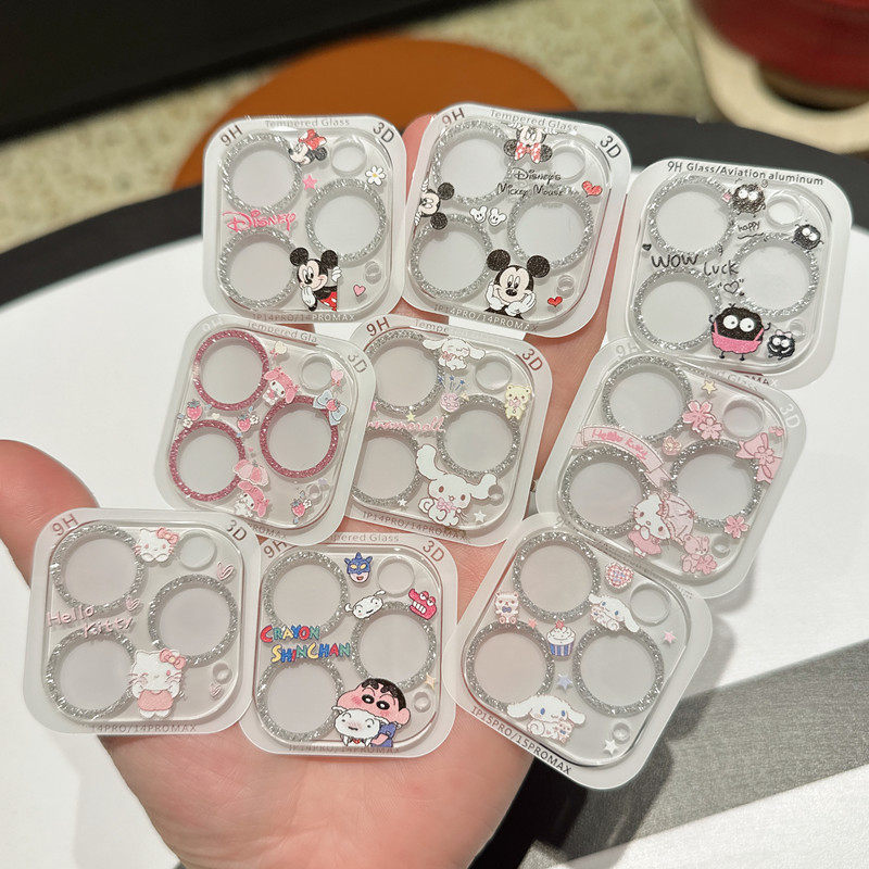 镜头膜一体全包适用苹果16ProMax透明钢化玻璃iPhone15卡通14pro/13mini新款可爱闪钻