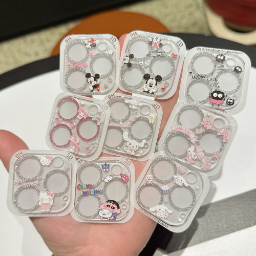镜头膜一体全包适用苹果16ProMax透明钢化玻璃iPhone15卡通14pro/13mini新款可爱闪钻
