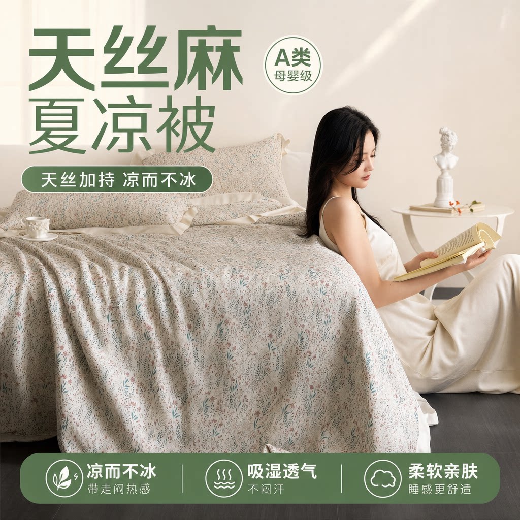 高奢天丝亚麻A类凉感夏被夏凉被三件套空调被冰丝可水洗可机洗