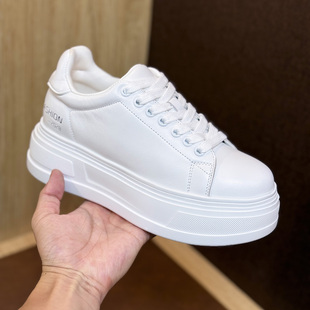 春秋松糕单鞋 2025新款 女款 超轻真皮简洁百搭厚底内增高8cm小白鞋