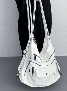 YAU大树 白色慵懒感机车包多口袋拖特包单肩斜挎包复古三用双肩包