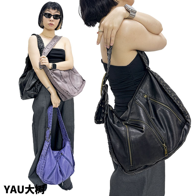 YAU大树 梦幻紫编织多拉链单肩包千禧复古大容量斜挎包高级感褶边图片