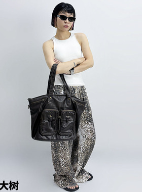 YAU大树 暗黑浪漫双口袋托特包大容量机车包怀旧单肩斜挎包百搭包