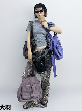 YAU大树 y2k辣妹新复古主义美式大容量双口袋机车做旧单肩斜挎包