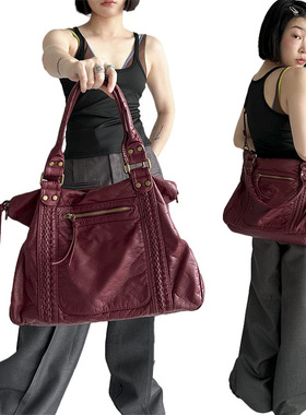 YAU大树 红色包包安可拉红机车包编织设计托特包复古千禧爷爷风包