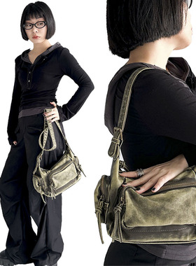 YAU大树 巴恩风复古墨绿腋下包做旧复古机车包美式潮酷软皮相机包