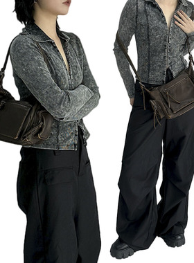 YAU大树 深棕色腋下包法式复古手提包软皮做旧单肩斜挎包千禧辣妹