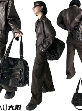 YAU大树 卡普里机车包多口袋大容量托特包法式复古炒色辣妹单肩包