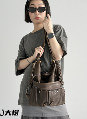 YAU大树 西部废土风软皮三用包棕色机车包y2k辣妹大容量托特包
