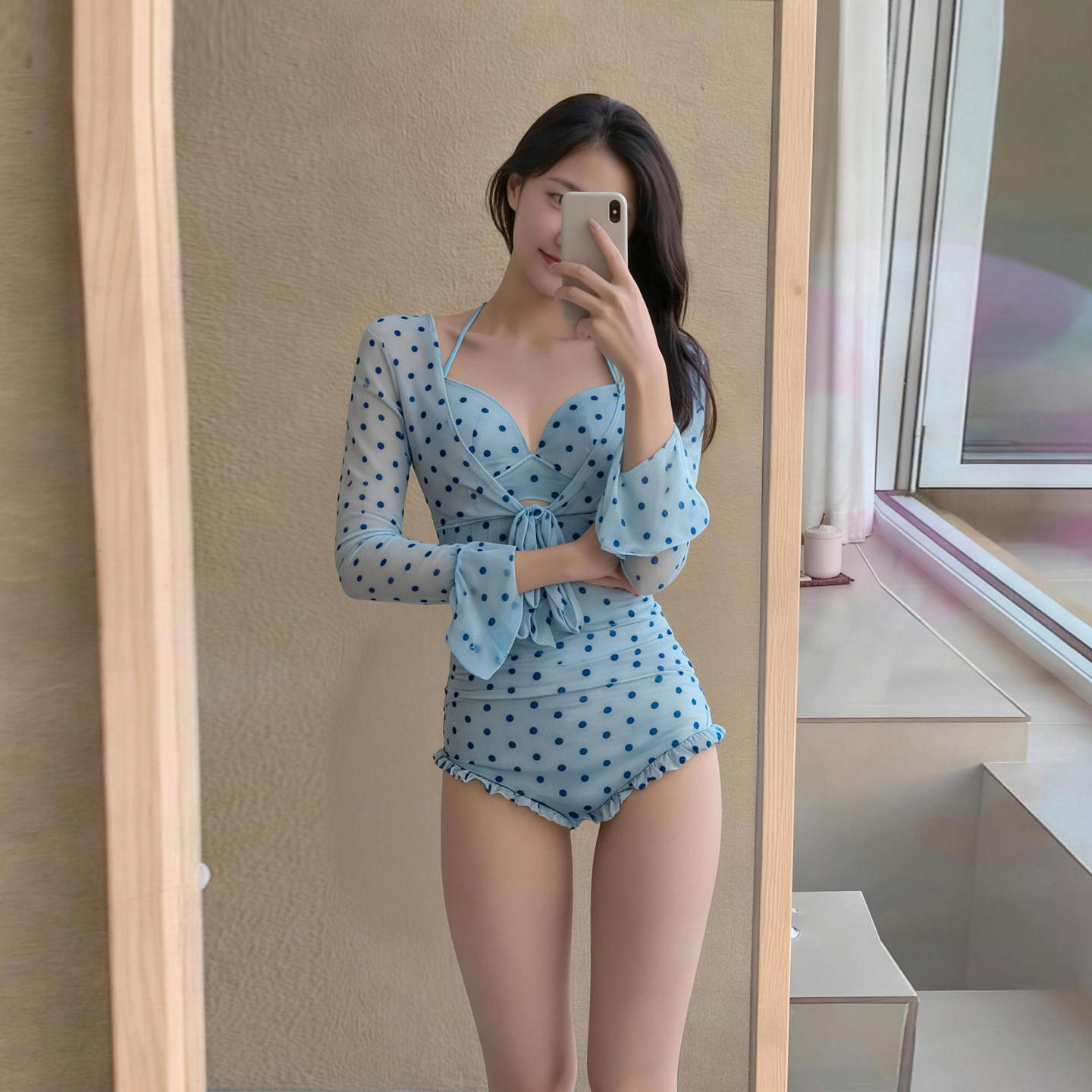 贝美珊波点长袖钢托显瘦连体泳衣