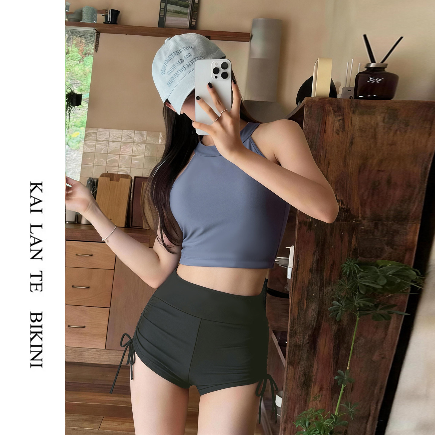 无袖高腰抽绳显瘦分体泳衣女