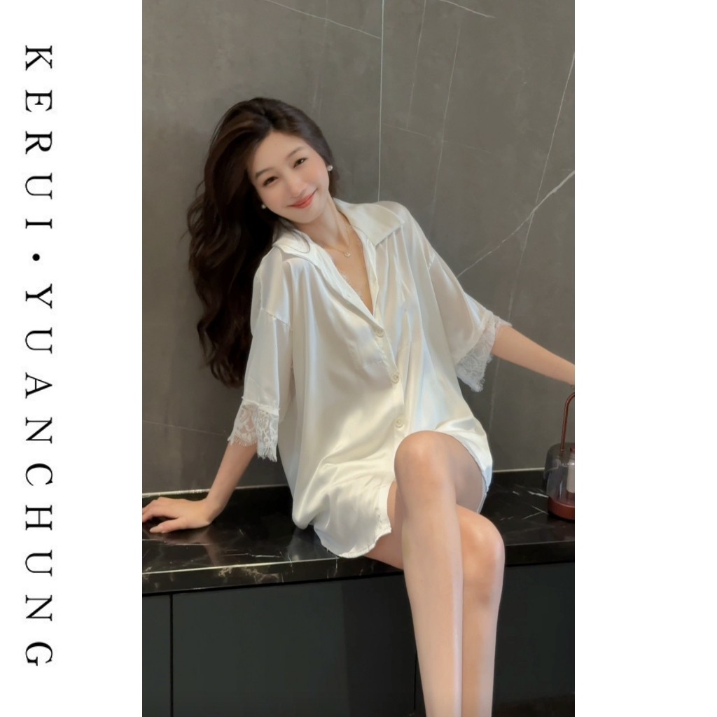 法式蕾丝边衬衫裙短裤家居服新款冰丝秋季宽松显瘦可外穿睡衣女