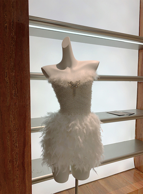 秋冬新款别致抹胸羽毛连衣裙小个子女气质名媛高级感礼服裙配胸针