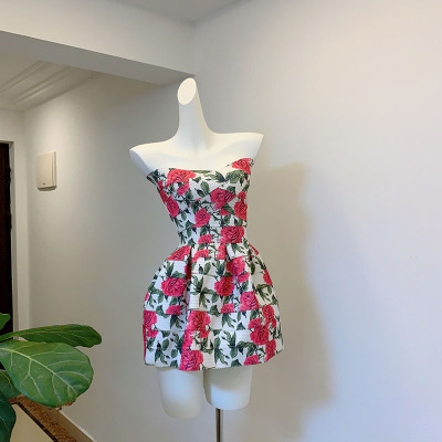 纯欲风原创日式印花玫瑰抹胸花苞立体蓬蓬包臀裙连衣裙女夏