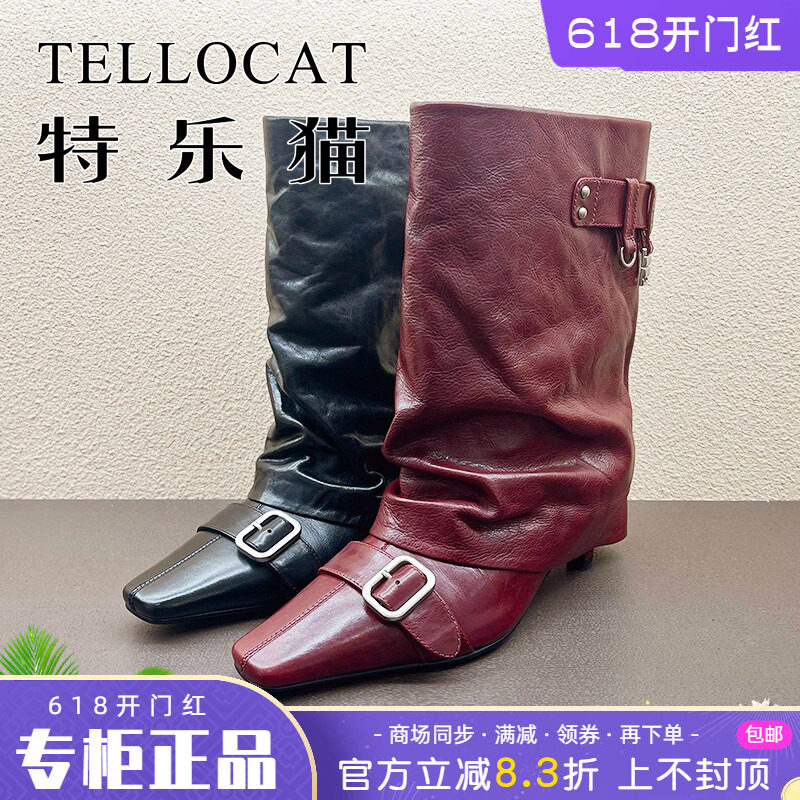 正品TELLOCAT特乐猫女靴2025冬款高跟粗跟圆头中靴时尚性感