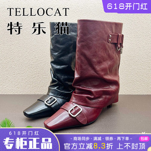 正品TELLOCAT特乐猫女靴2025冬款高跟粗跟圆头中靴时尚性感