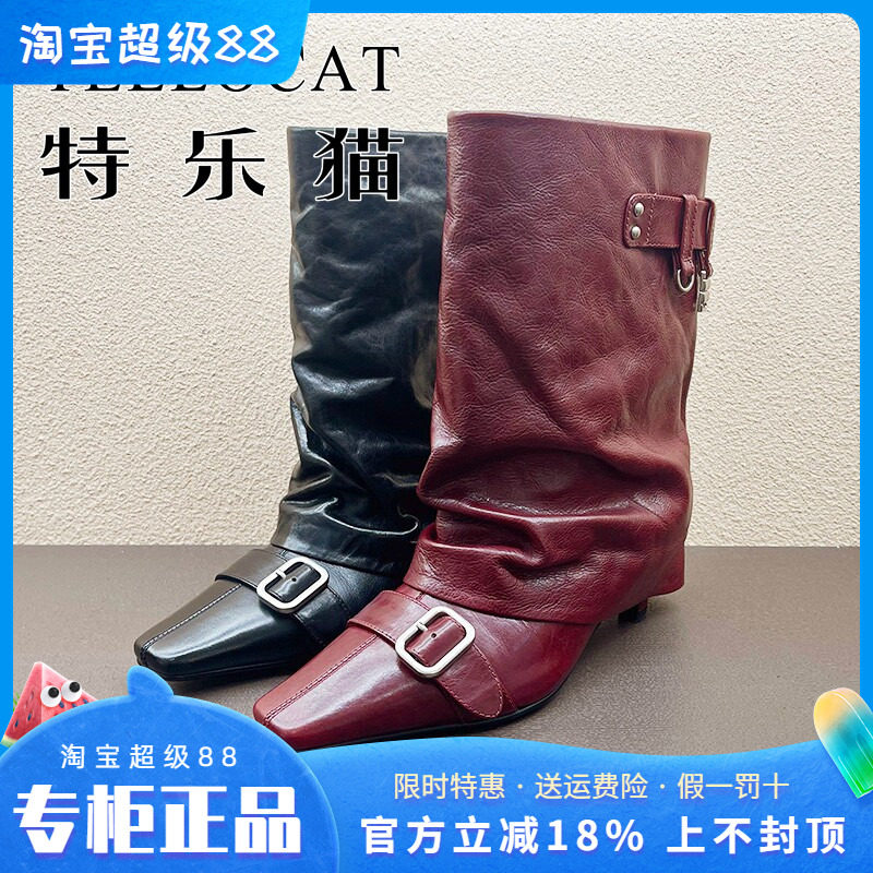 正品TELLOCAT特乐猫女靴2025冬款高跟粗跟圆头中靴时尚性感