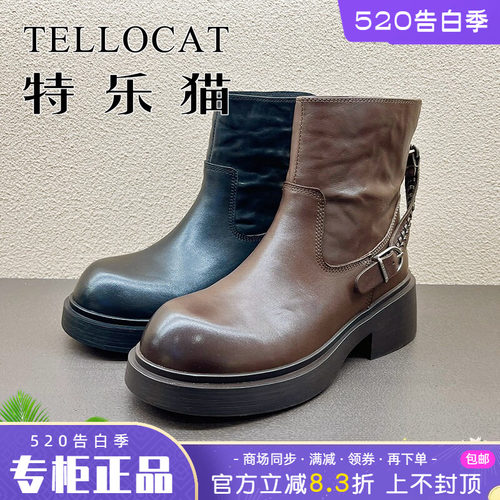 正品TELLOCAT特乐猫女靴2025冬新款高跟粗跟圆头短靴时尚性感