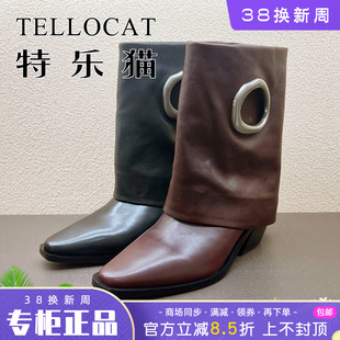 正品TELLOCAT特乐猫女靴热销冬款尖头粗跟牛皮中筒靴时尚舒适