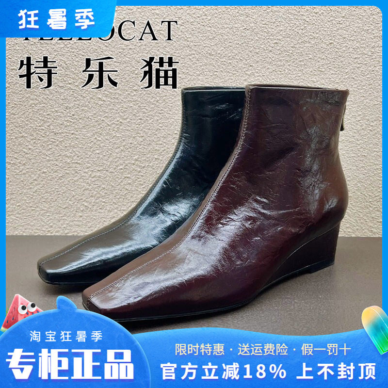 正品TELLOCAT特乐猫女靴2025秋新款高跟坡跟方头短靴时尚性感