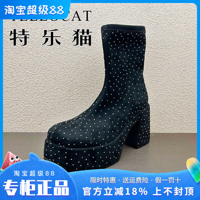 正品TELLOCAT特乐猫女靴2025秋新款高跟水台底水钻短靴时尚性感