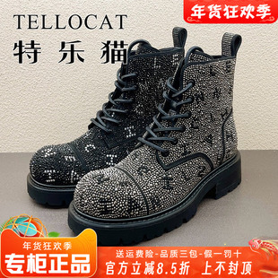 正品特乐猫女鞋热销冬新款中跟粗跟布面马丁靴短靴时尚水钻