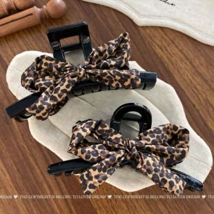 新款法式复古豹纹蝴蝶结黑色发夹 时尚盘发抓夹鲨鱼夹发饰