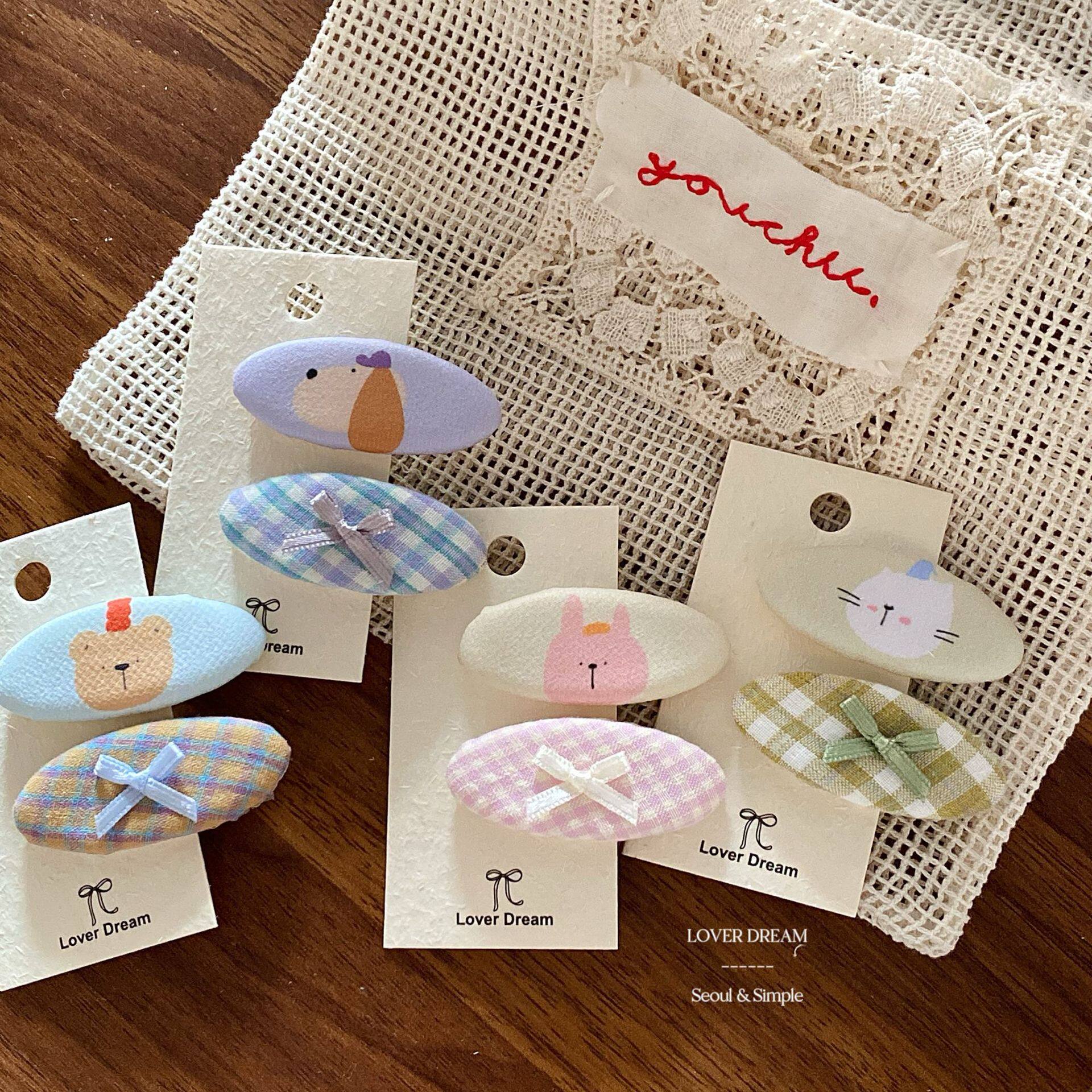 韩版可爱卡通小动物椭圆发夹甜美格纹蝴蝶结BB夹布艺宝宝发饰女